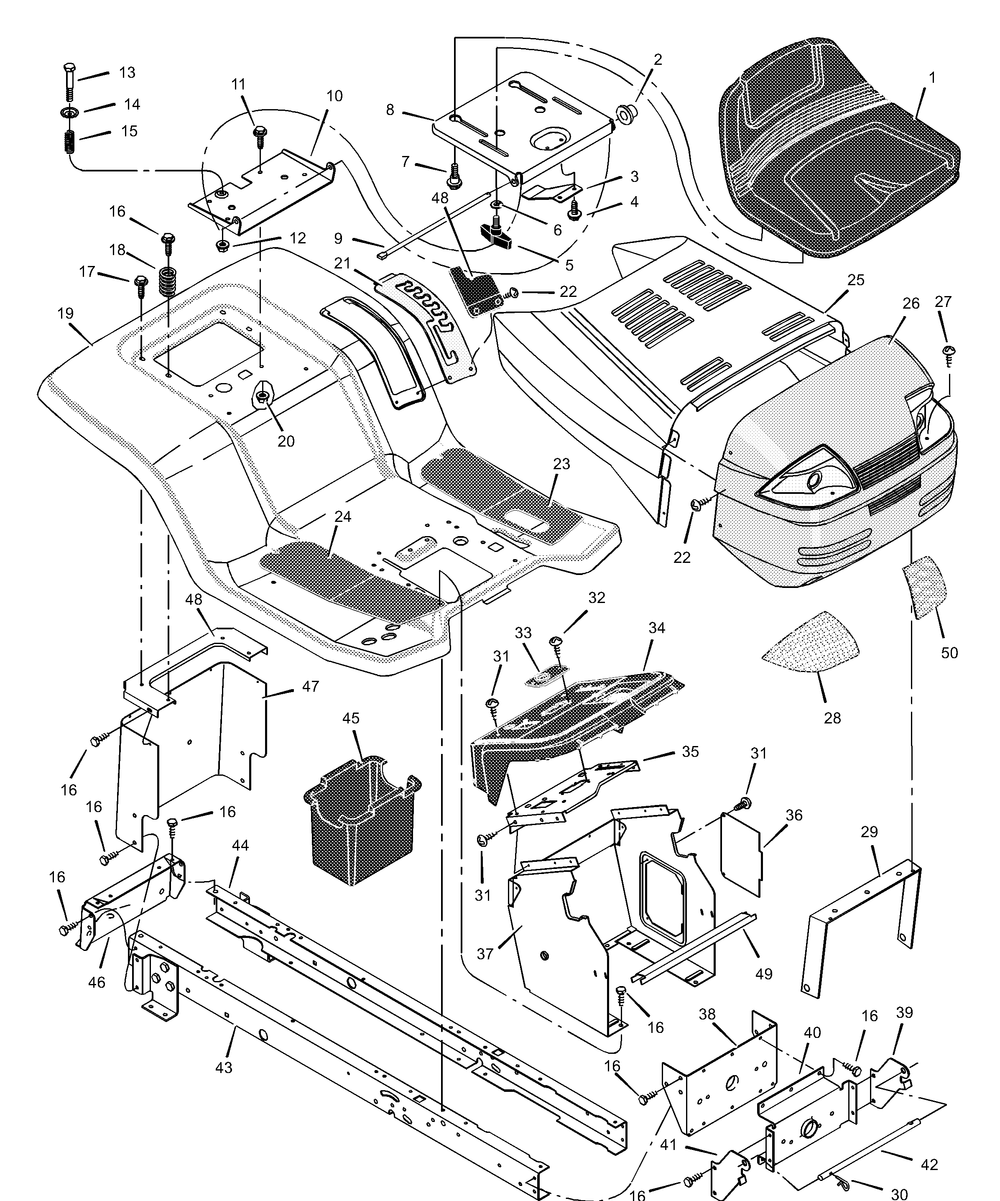 Chassis And Hood Diagram and Parts List for 42571X8D 2001 Briggs and Stratton Lawn Tractor